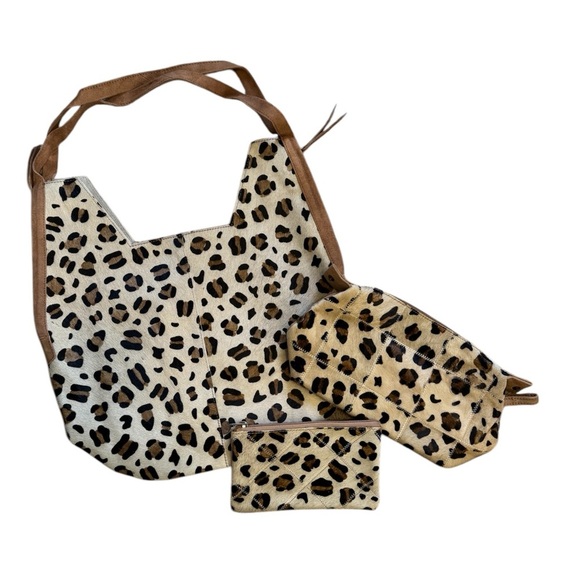 Leopard Print Faux Hair Tote, Travel or Makeup Bag, and Pouch Set - Picture 12 of 12